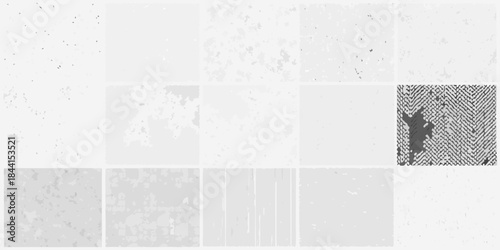 Abstract grid of grayscale squares featuring varied textures and density levels