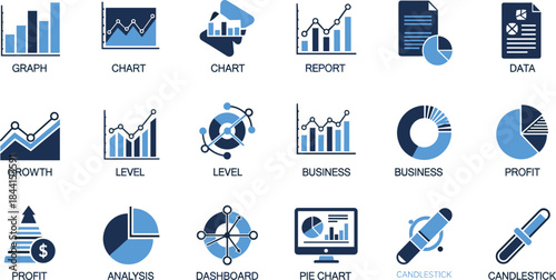 Set of 20 business analytics and data visualization icons including charts, graphs, dashboards, candlestick, pie chart, and financial report symbols