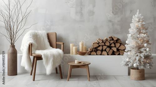 Minimal Scandinavian living room interior with wooden chair, cozy blanket and fireplace decor in soft neutral tones for modern home design
