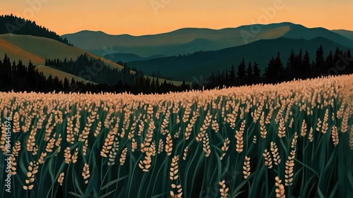 Sunset over a field of golden wheat