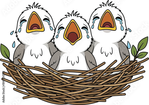 Three baby birds in a nest all with open mouths and teardrops appear distressed