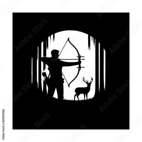 A silhouetted figure of a person drawing a bow and arrow in a forest setting with a deer standing in the background vector illustration