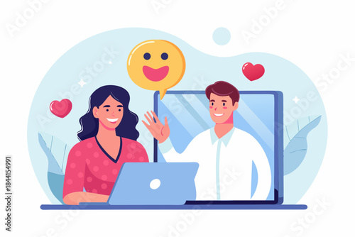 A cheerful couple connecting through a video call on a laptop