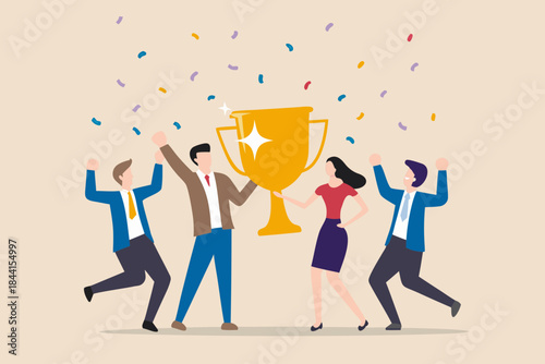 Team celebrating a victory with a golden trophy and confetti falling