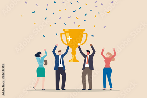 Celebratory team lifting a golden trophy with confetti falling from above