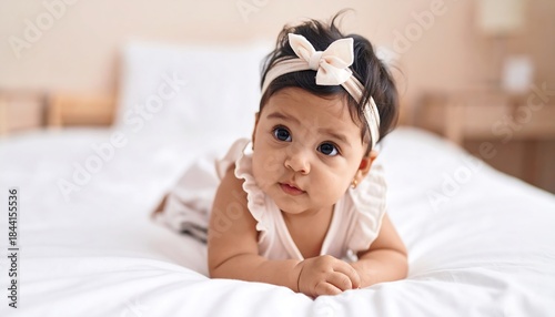 A cute, dark-haired baby, wearing a soft headband and a frilly dress, looks up with big, curious eyes while lying on a white bed