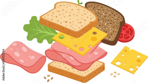 Deconstructed sandwich with bread cheese meat lettuce and tomato ingredients shown separately