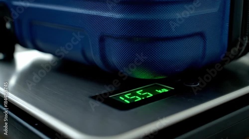 A blue suitcase being weighed on a digital scale, ready for travel.