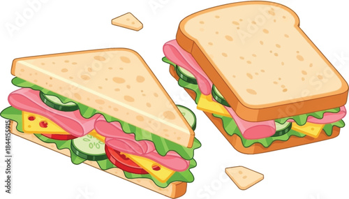 Illustration of a ham and cheese sandwich with tomato and cucumber slices broken apart