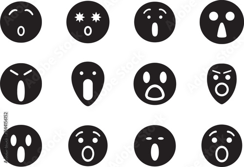 Bold silhouette surprised face icon set showing shock, amazement, and expressive emotions.
