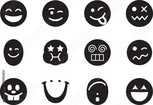Bold silhouette funny face icon set featuring playful expressions for creative projects.