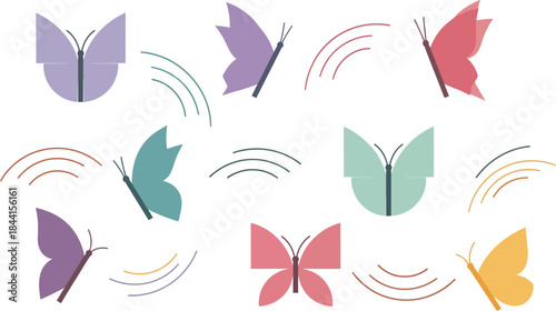 A vibrant assortment of geometric butterfly icons fluttering across a clean white backdrop.