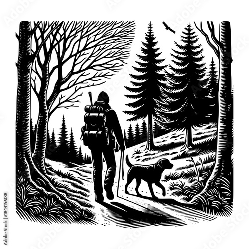 a person walking in the woods with his dog vector image illustration