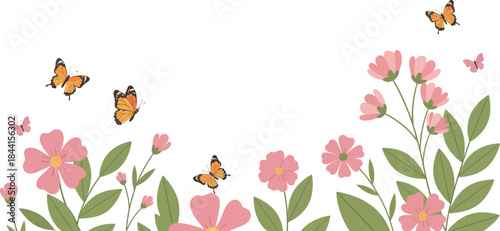Decorative border design with vibrant pink flowers and flying orange butterflies