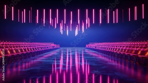 Neon-lit runway with rows of seats