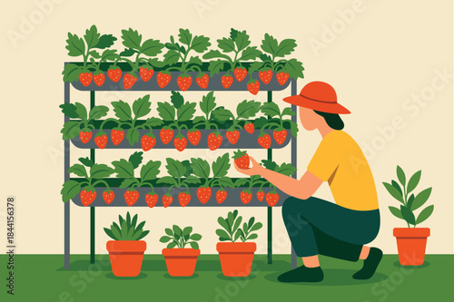 Home gardening concept person harvesting strawberries flat vector