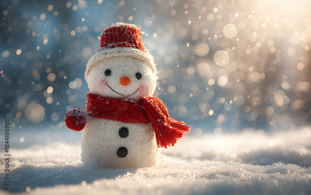 Fototapeta premium Cheerful snowman wearing a bright red scarf and matching hat, surrounded by sparkling snow, soft winter sunlight, whimsical and festive scene.