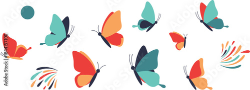 A collection of stylized butterflies in teal and orange colors flying across a white background