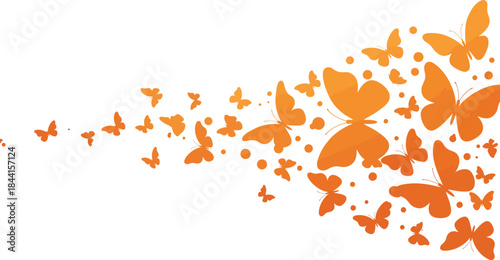 Dynamic swirl of orange butterflies in flight across a white background