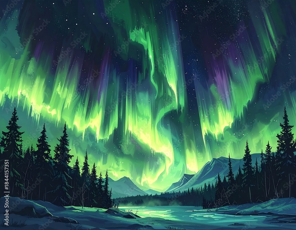 custom made wallpaper toronto digitalDigitally painted vibrant night sky with aurora borealis over snowy forest