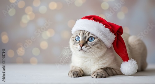 Adorable feline with striking blue eyes, wearing a Santa hat, against a festive bokeh backdrop
