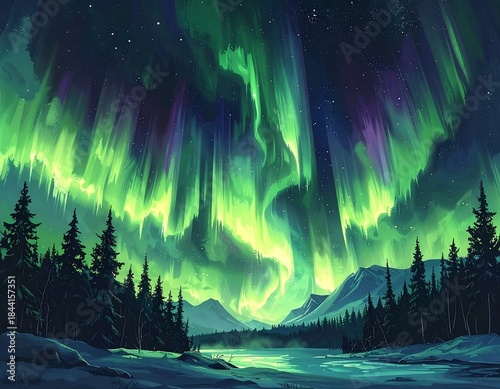 Wallpaper Mural Digitally painted vibrant night sky with aurora borealis over snowy forest Torontodigital.ca