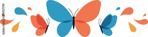 Vibrant illustration depicting three stylized butterflies in shades of blue and orange