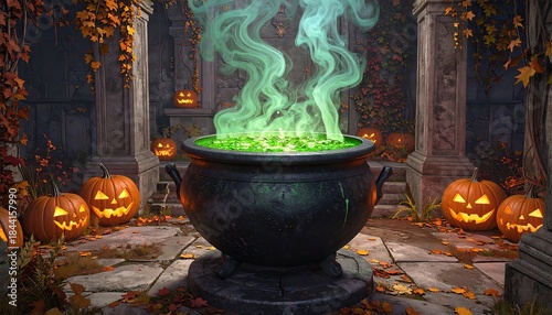 Halloween cauldron in a spooky garden