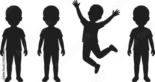 Child silhouettes standing and jumping expressing happiness playful energy childhood freedom isolated on white background minimal design