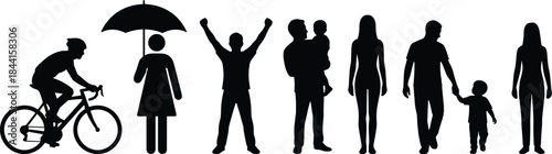 People silhouettes representing daily lifestyle activities family care success transportation diversity isolated on white background modern illustration