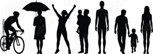 People silhouettes showing everyday lifestyle activities family diversity motion and emotions isolated on white background modern illustration