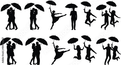 People silhouettes with umbrellas dancing jumping and embracing in rain expressing happiness romance freedom isolated on white background illustration