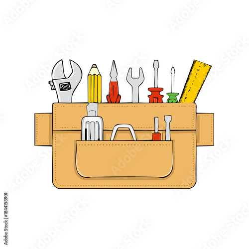 Illustration of an organized tool belt holding variety of tools for diverse projects in home and commercial settings for repair and maintenance