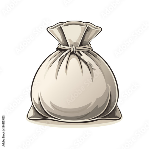 Heavy linen sack tied at the top isolated on white background vintage style illustration detailed shadows drawing