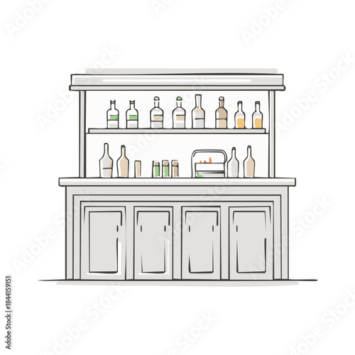 Illustration of a Bar with Bottles and Cabinets on a White Background