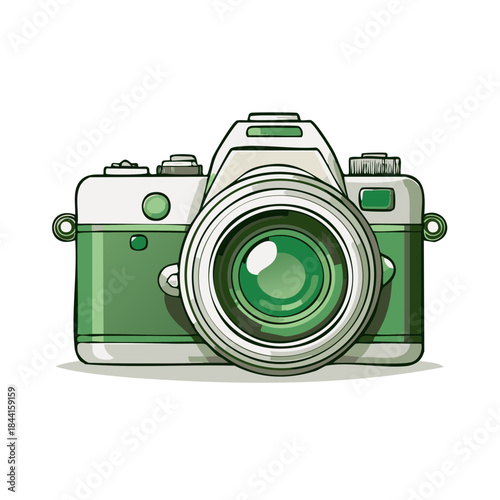 Vintage style camera with green color in vector art illustration. Retro photographic equipment for photography or design projects