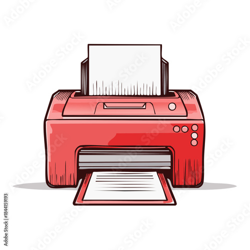 Red Printer with Paper Printing Document Illustration for Home Office or Small Business Use