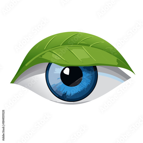 Human eye with green leaf covering eyelid symbolizes natural health and eco-friendly lifestyle choices concept