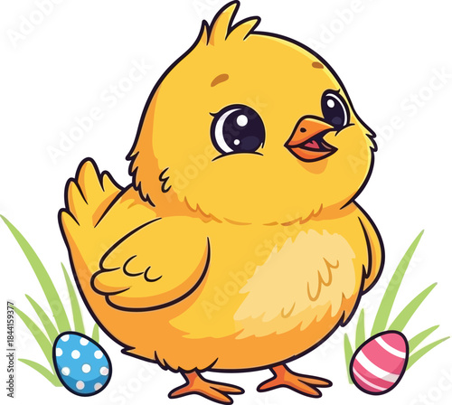 Adorable cartoon chick surrounded by easter eggs and green blades of grass
