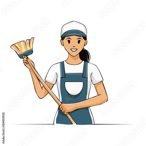 Cartoon Woman Cleaner Ready to Sweep Floor, Holding Broom, Smiling, Wearing Overalls and Hat