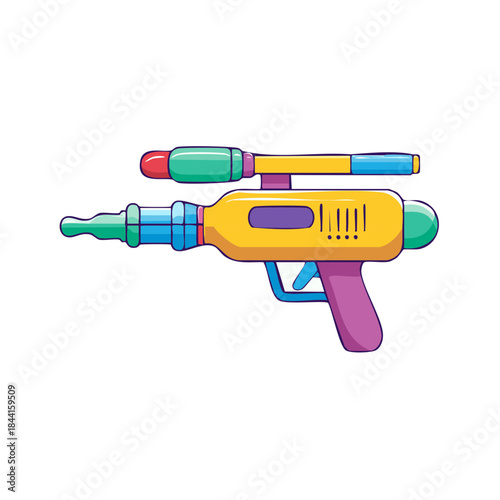 Colorful toy ray gun illustration features vibrant hues, playful form, and nostalgic design evokes childhood fantasy and futuristic adventures