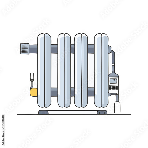 Vintage Style Radiator Illustration Featuring Valves and Plumbing System For Central Home Heating