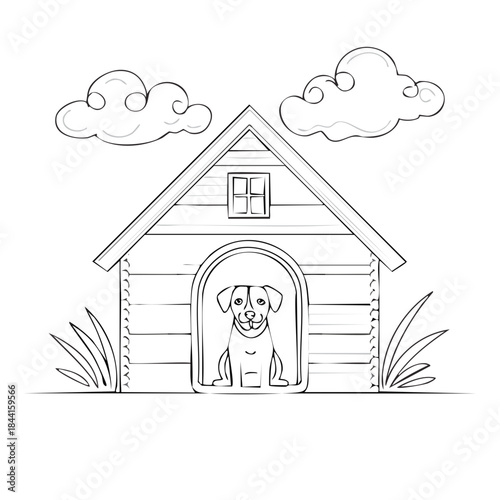 Dog House Outline: Cute Puppy in Kennel with Clouds and Grass Illustration