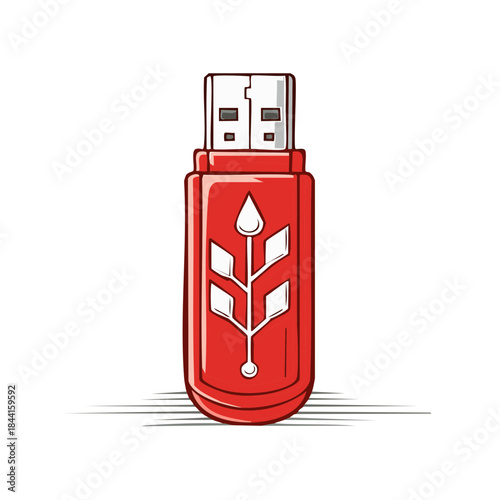 Red USB Flash Drive with White Plant Design for Data Storage and Transferring Information Digitally