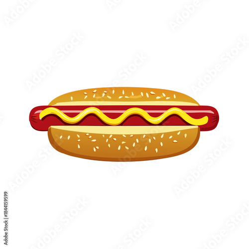 Hotdog Cartoon with Mustard on Sesame Seed Bun Delicious Meal Vector Illustration