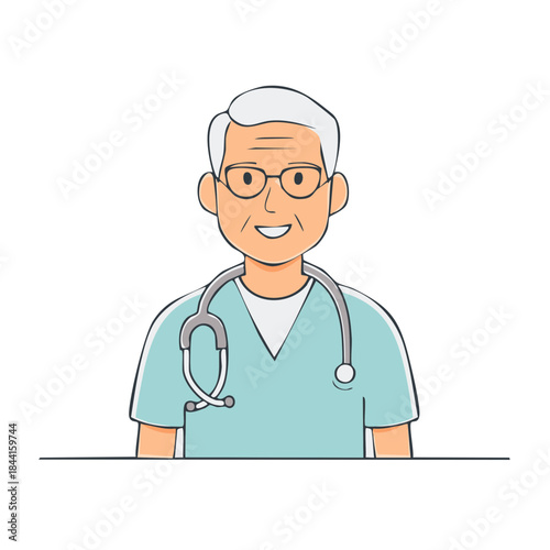 Elderly Male Doctor in Medical Scrubs with Stethoscope Around Neck Smiling
