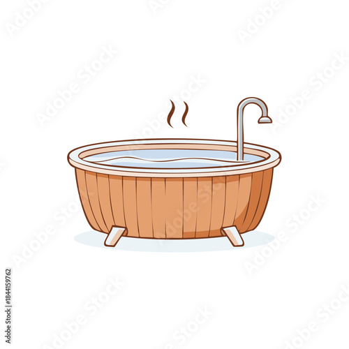 Illustration of a steaming wooden bathtub with water and metal faucet for warm and comforting bath time.