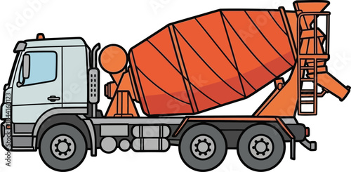 A colorful cartoon illustration depicting a side view of an orange cement mixer truck