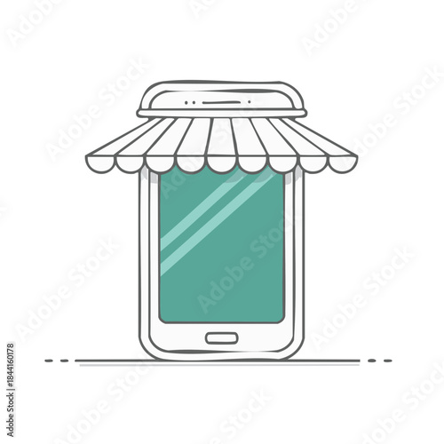 Online shopping concept Smartphone with shop awning.  Mobile e-commerce store. Minimalist modern marketplace for web