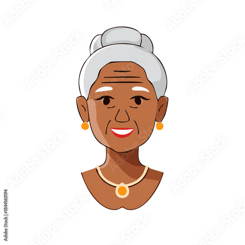 Smiling senior Black woman with grey hair bun and gold jewelry portrait